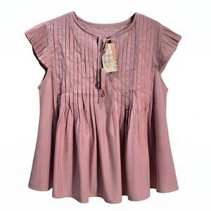 NWT | BTFBM | Dusty Rose Pleated Flutter Sleeve Tie-Neck Boho Blouse | XL